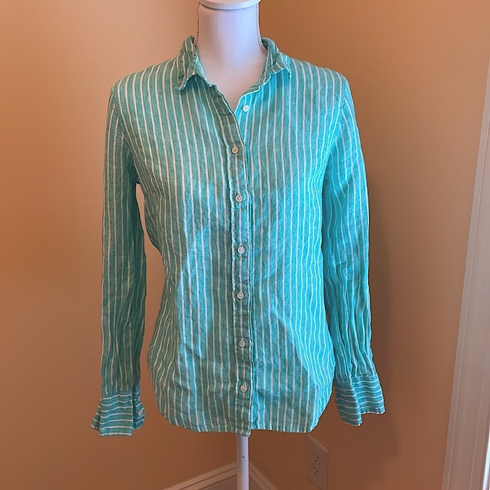 J. Crew x Baird McNutt Irish Linen Striped Perfect Button Shirt 8 aqua green - Picture 2 of 5